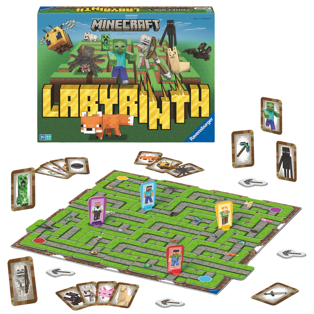 I forgrunnen: spillbrettet med brikker og kort. I bakgrunnen spillesken til Minecraft Labyrinth.