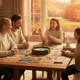 Familie spiller strategi-brettspillet Mycelia en høstdag med fyr i peisen.