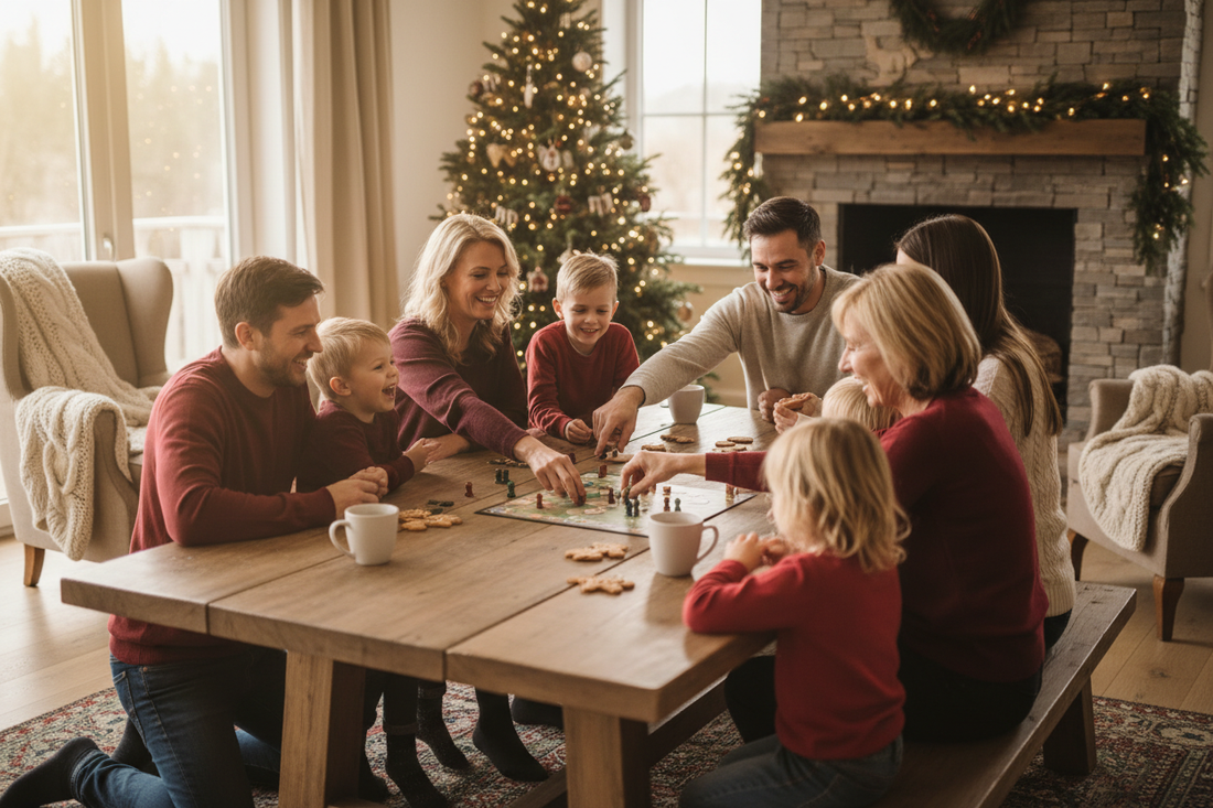 Familie koser seg med brettspill i julen.