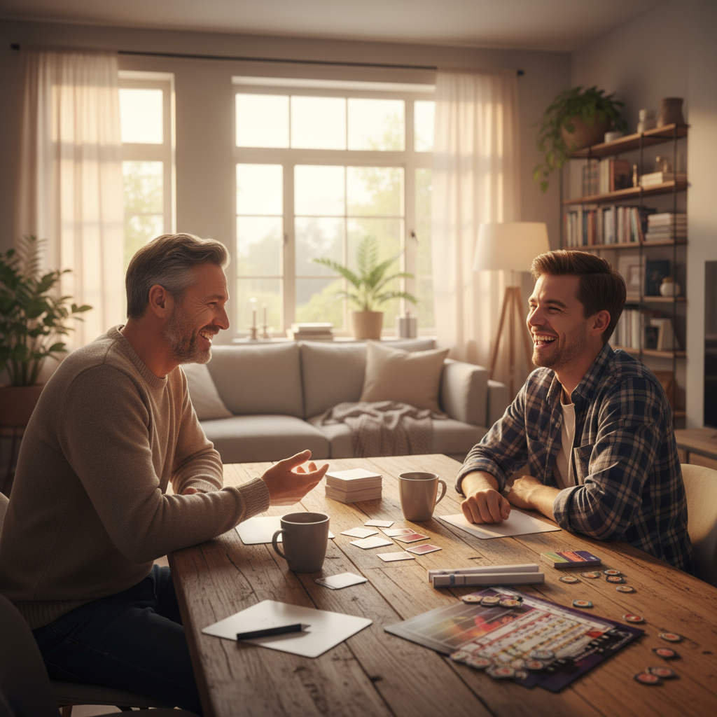 Far og voksen sønn spiller Tippekampen fotballquiz sammen - farsdagsgave som skaper kvalitetstid