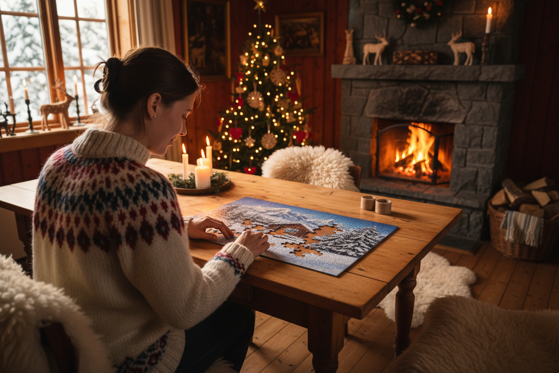 Kvinne pusler puslespill foran peisen og pyntet juletre