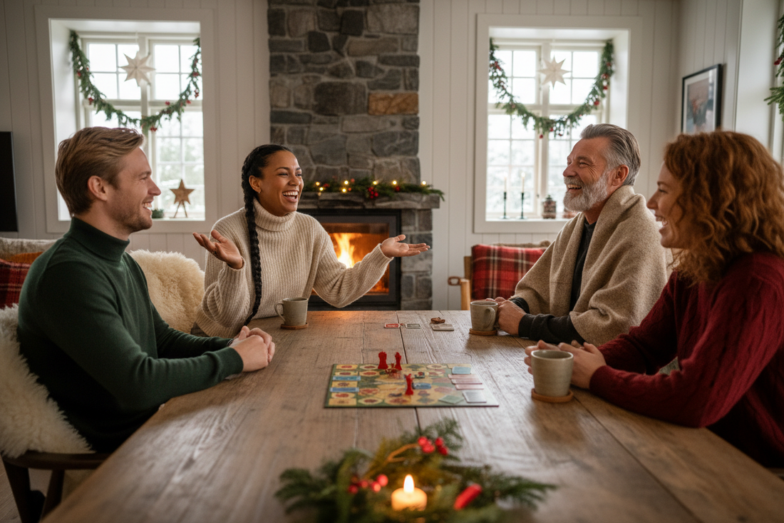 Familie samlet rundt bordet for brettspill i julen