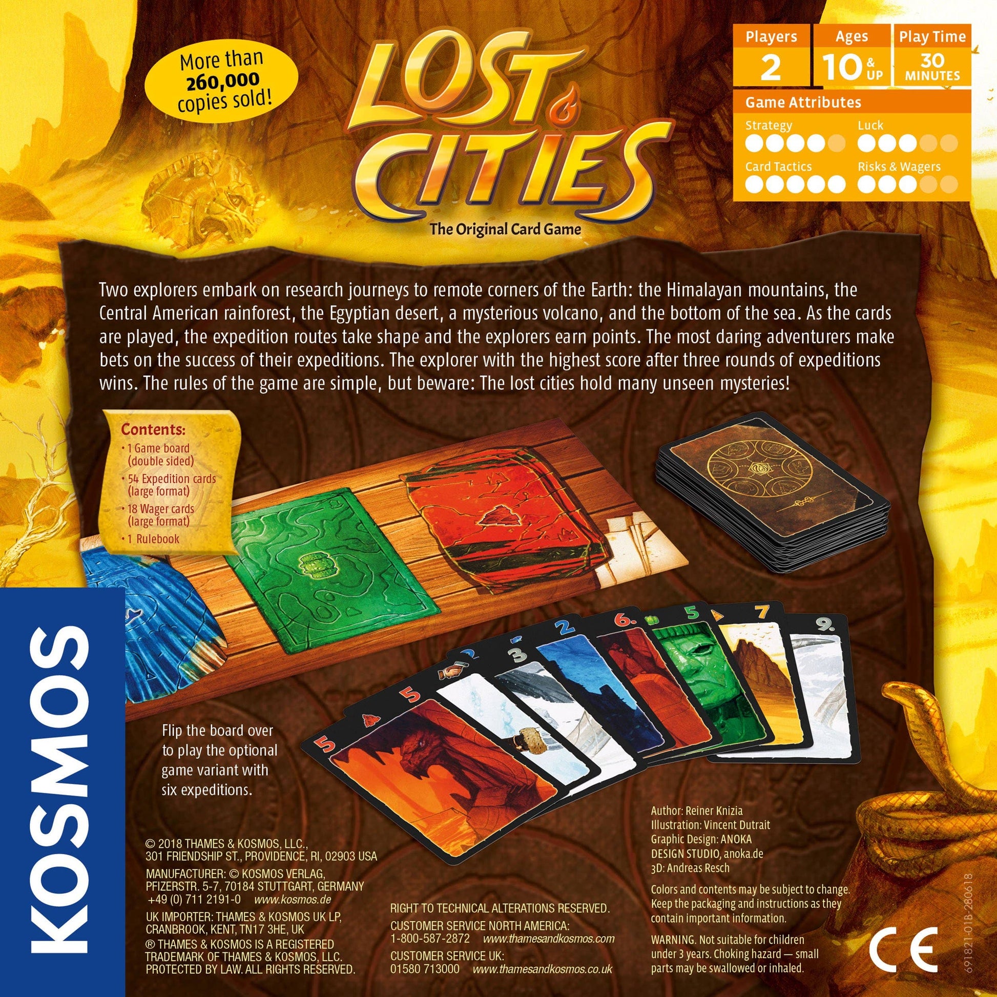 Lost Cities kortspill eske med illustrasjon av oppdagelsesreisende og tapte sivilisasjoner