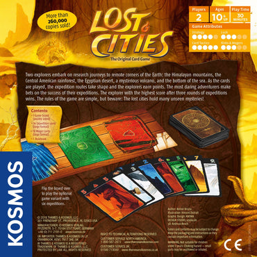 Lost Cities kortspill eske med illustrasjon av oppdagelsesreisende og tapte sivilisasjoner