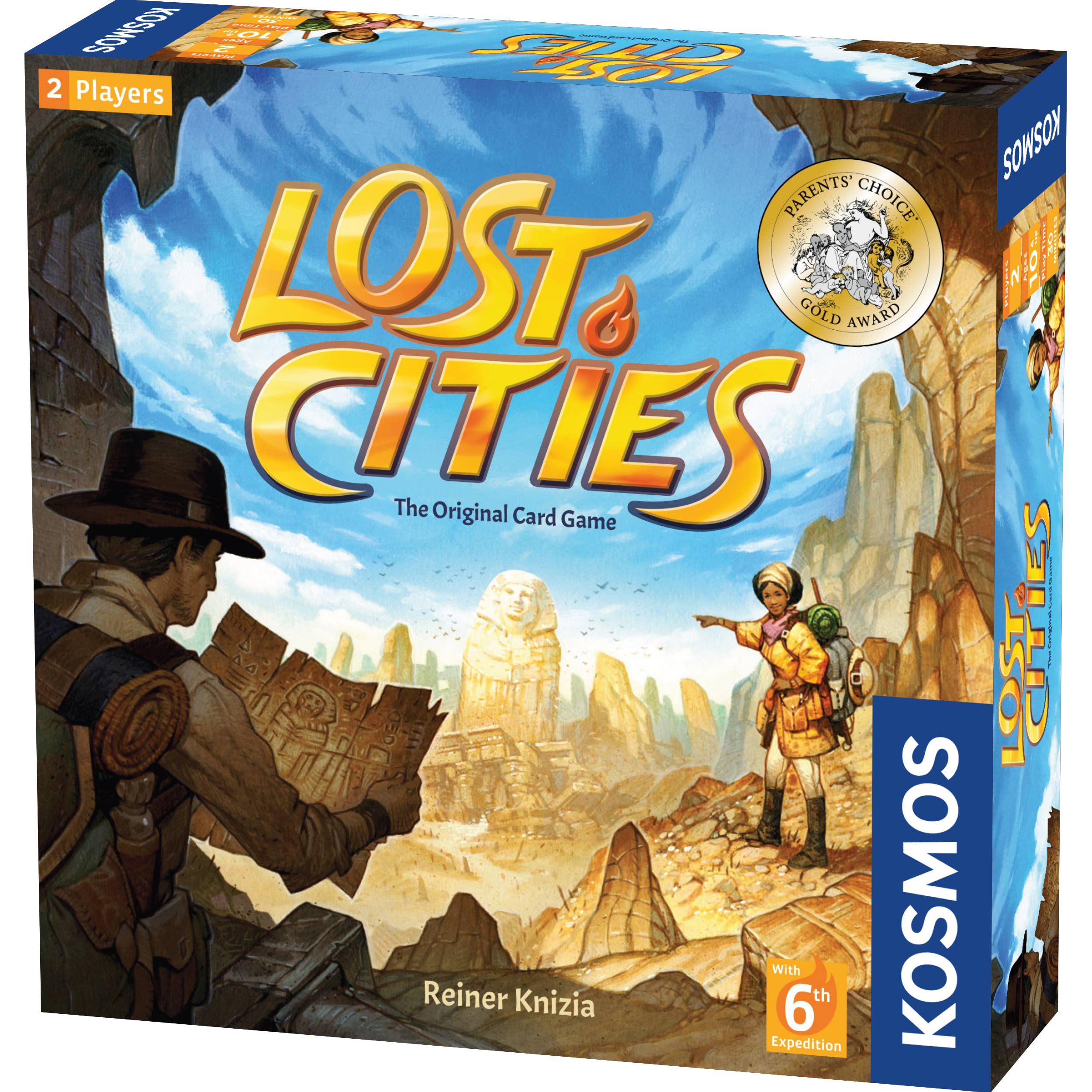 Lost Cities kortspill eske med illustrasjon av oppdagelsesreisende og tapte sivilisasjoner