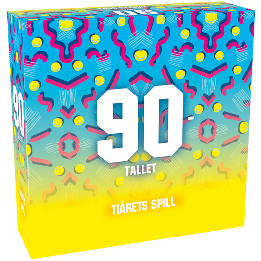 90-tallet tiårets spill eske i gul og blått med retro mønster i rosa