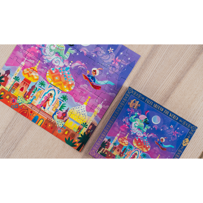 Aladdin og den vidunderlige lampen puslespill eske og ferdig puslet puslespill med 64 brikker og magisk eventyr fra Tusen og én natt
