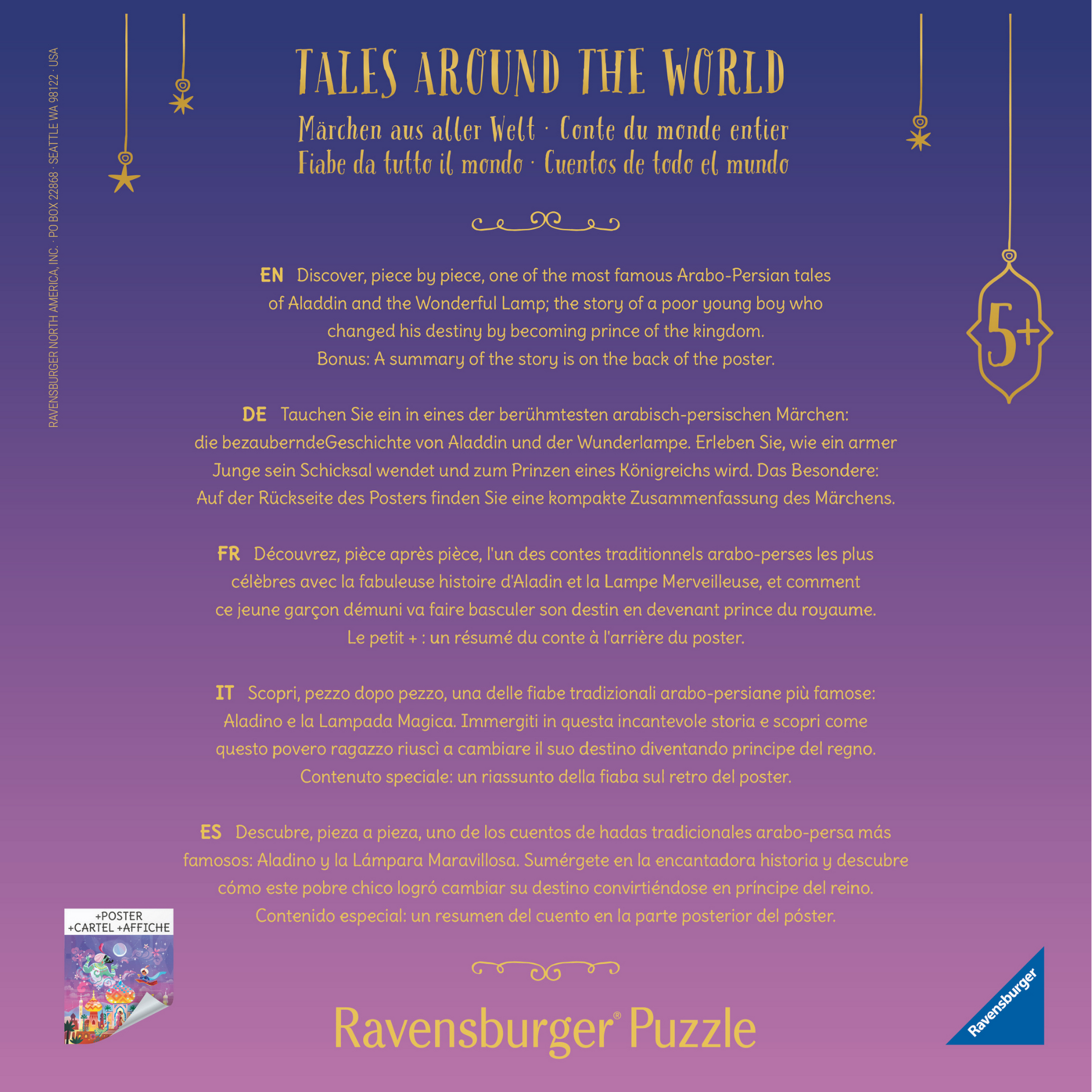 Aladdin og den vidunderlige lampen puslespill eske bakssidetekst med 64 brikker og magisk eventyr fra Tusen og én natt