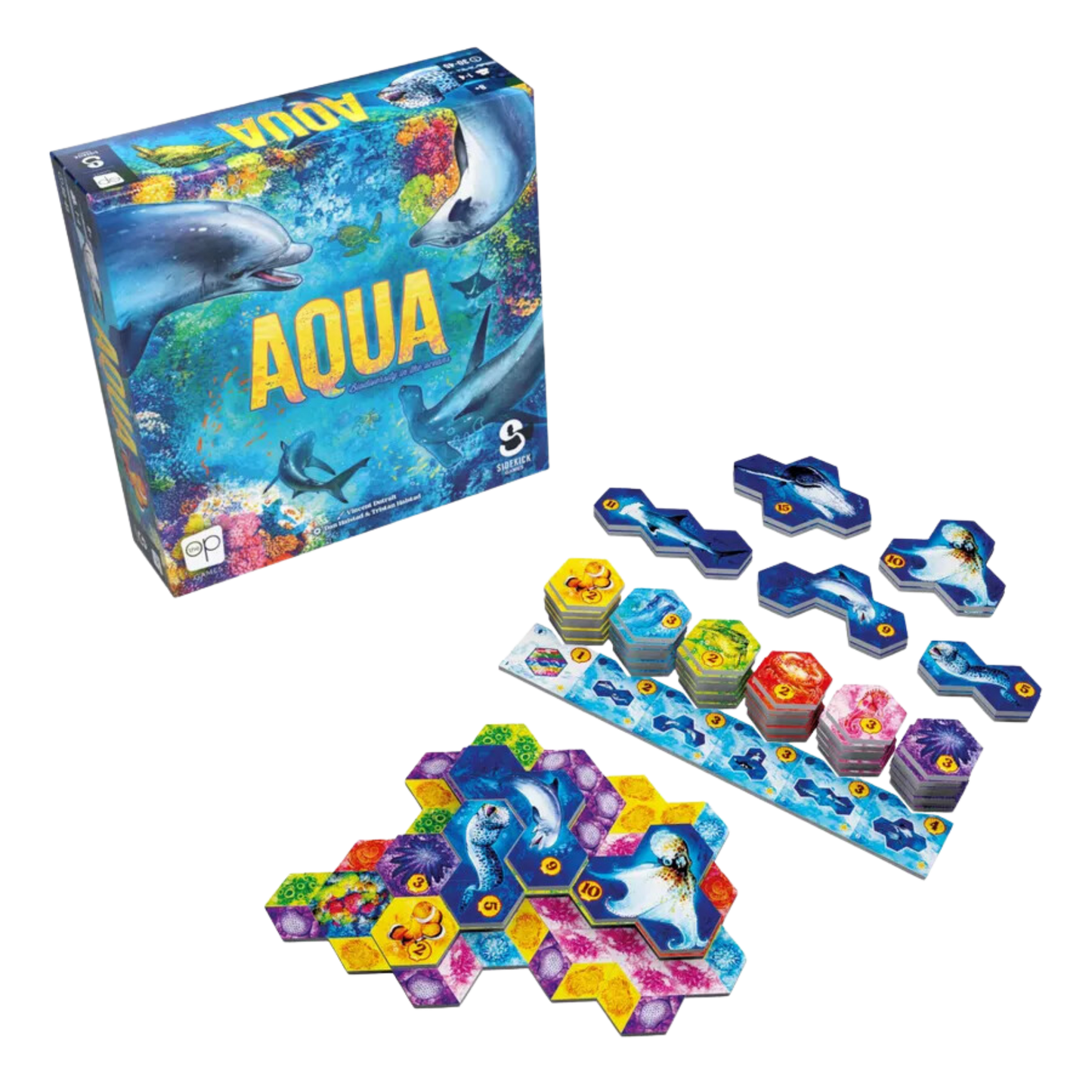 Aqua brettspill komponenter og brikker
