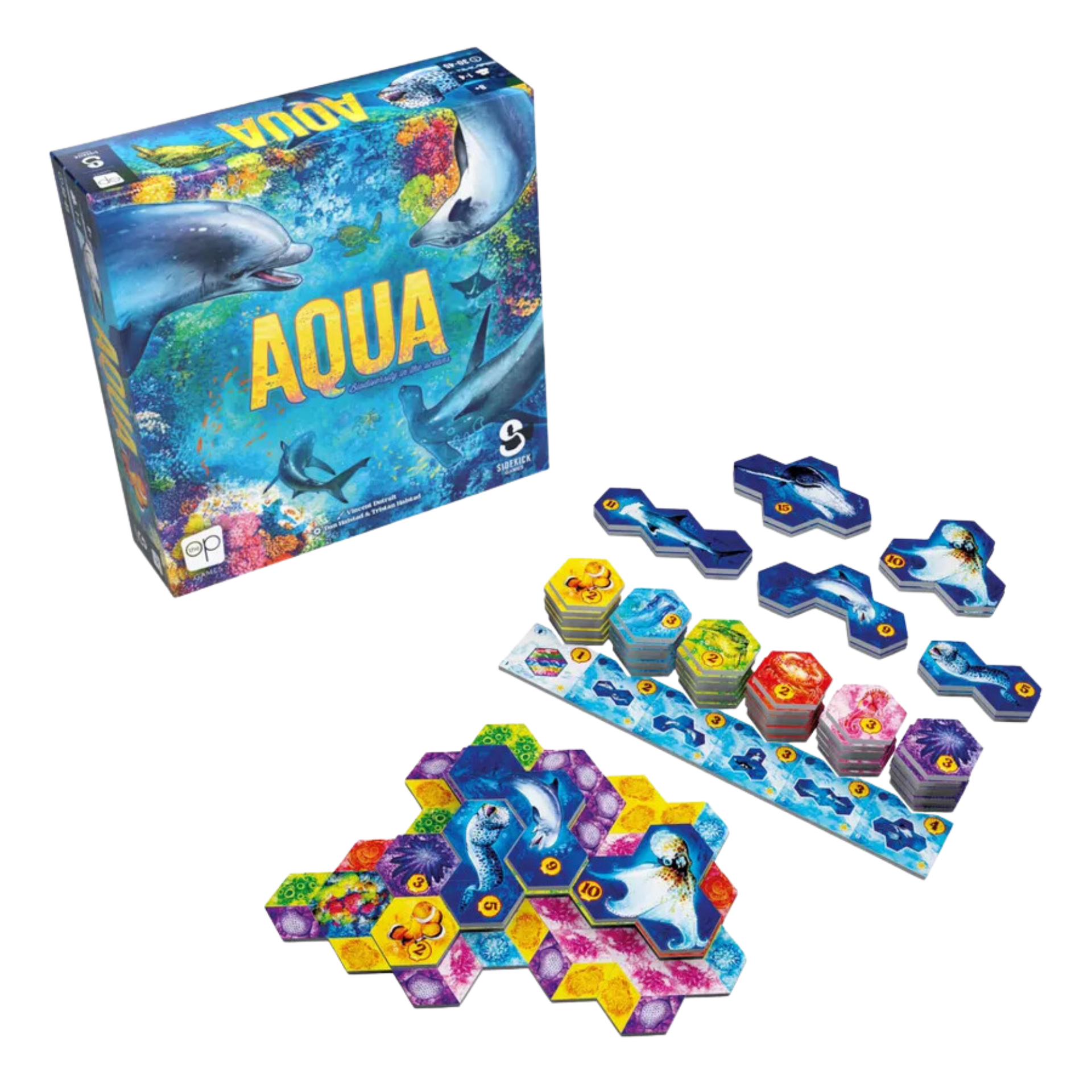 Aqua brettspill komponenter og brikker
