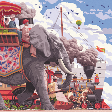 Jorden rundt på 80 dager illustrasjon med elefant, sirkusvogn og eventyrlig reisescene