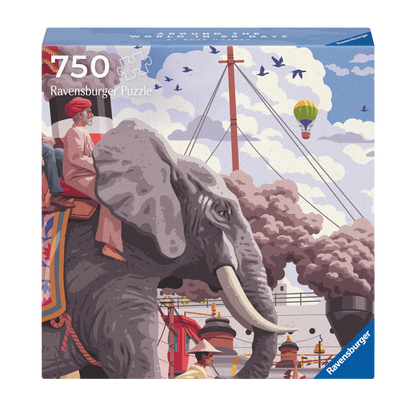 Art&Soul Jorden rundt på 80 dager 750 brikker Ravensburger puslespill eske med elefant og sirkus motiv