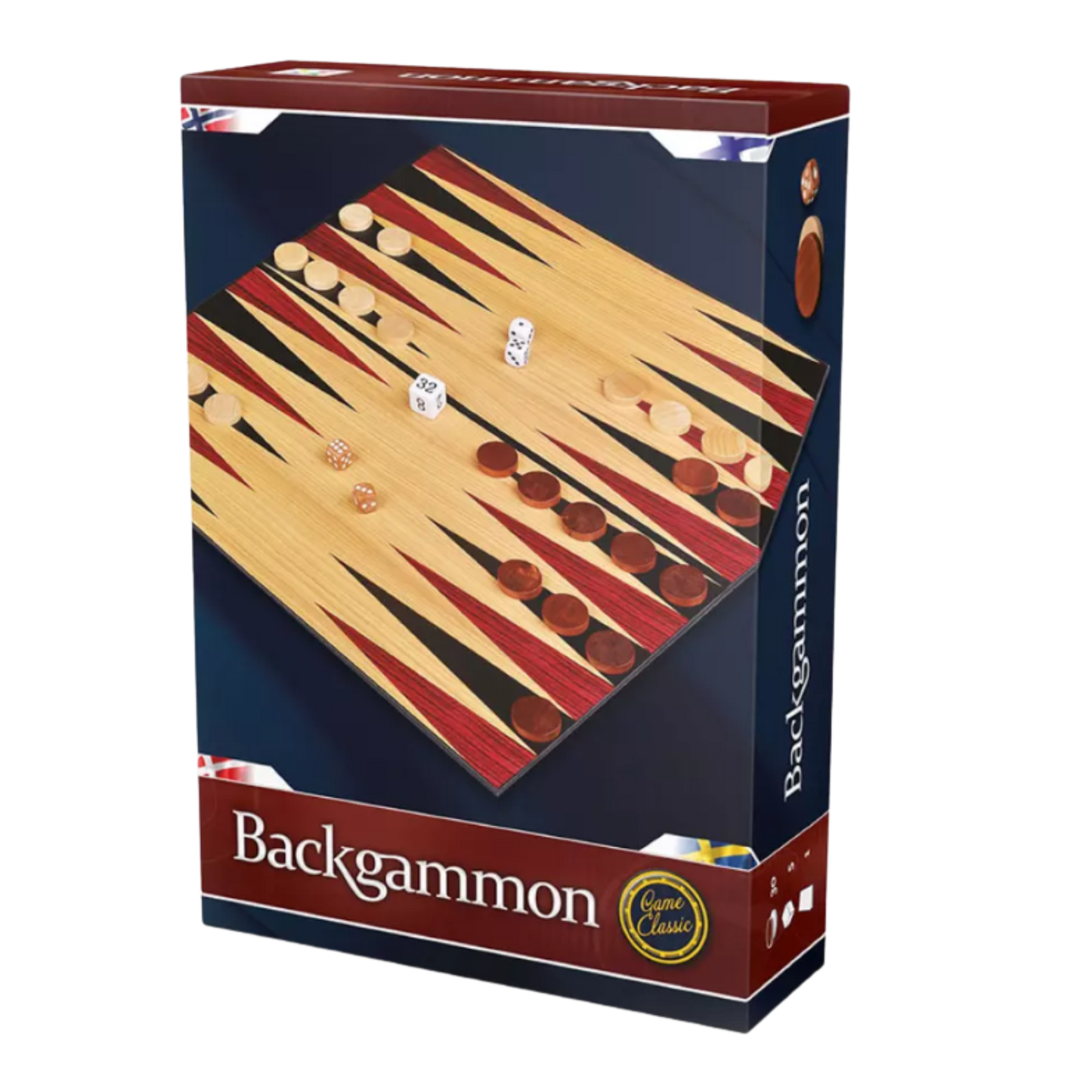Backgammon brettspill eske med spillbrett, brikker og terninger på forsiden.