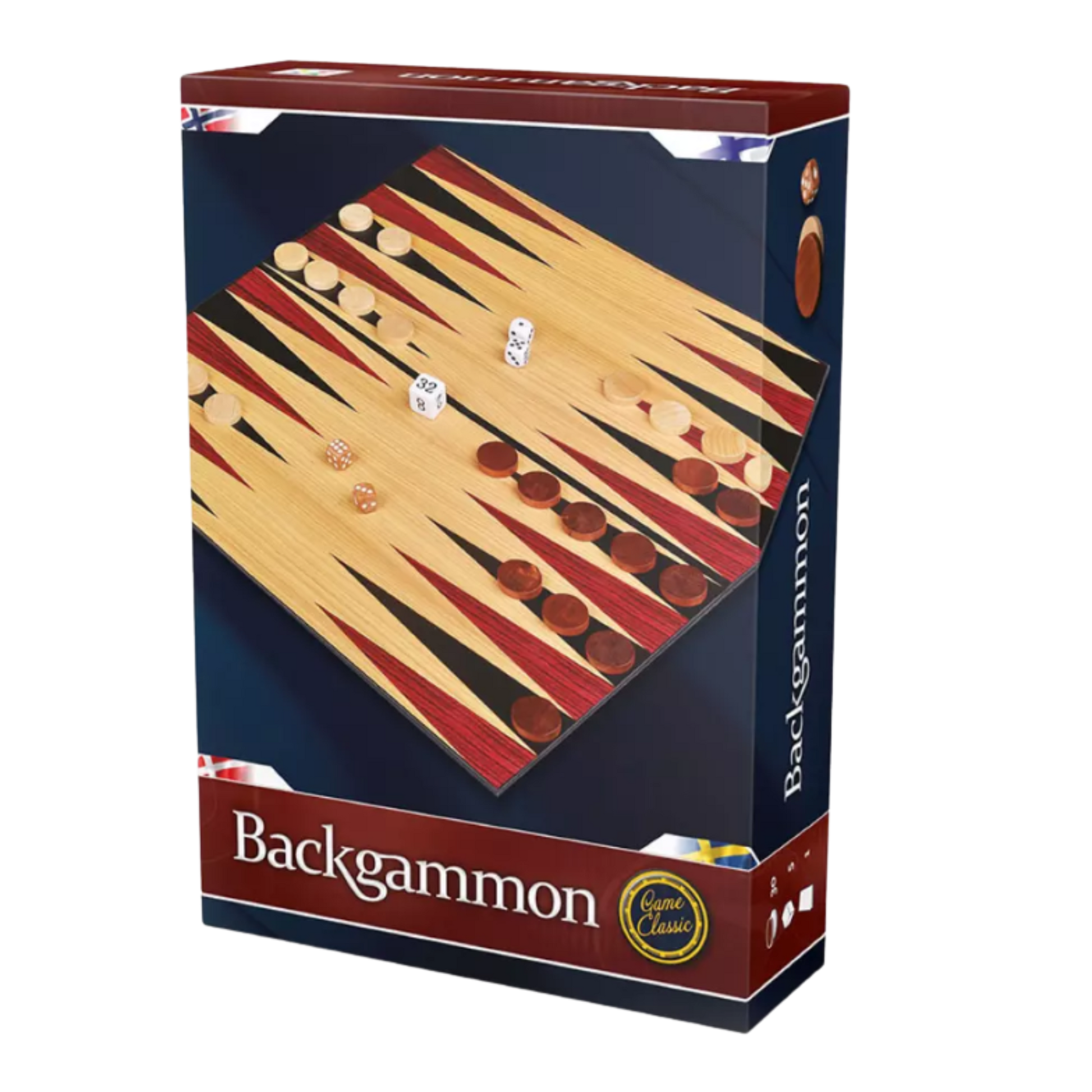 Backgammon brettspill eske med spillbrett, brikker og terninger på forsiden.