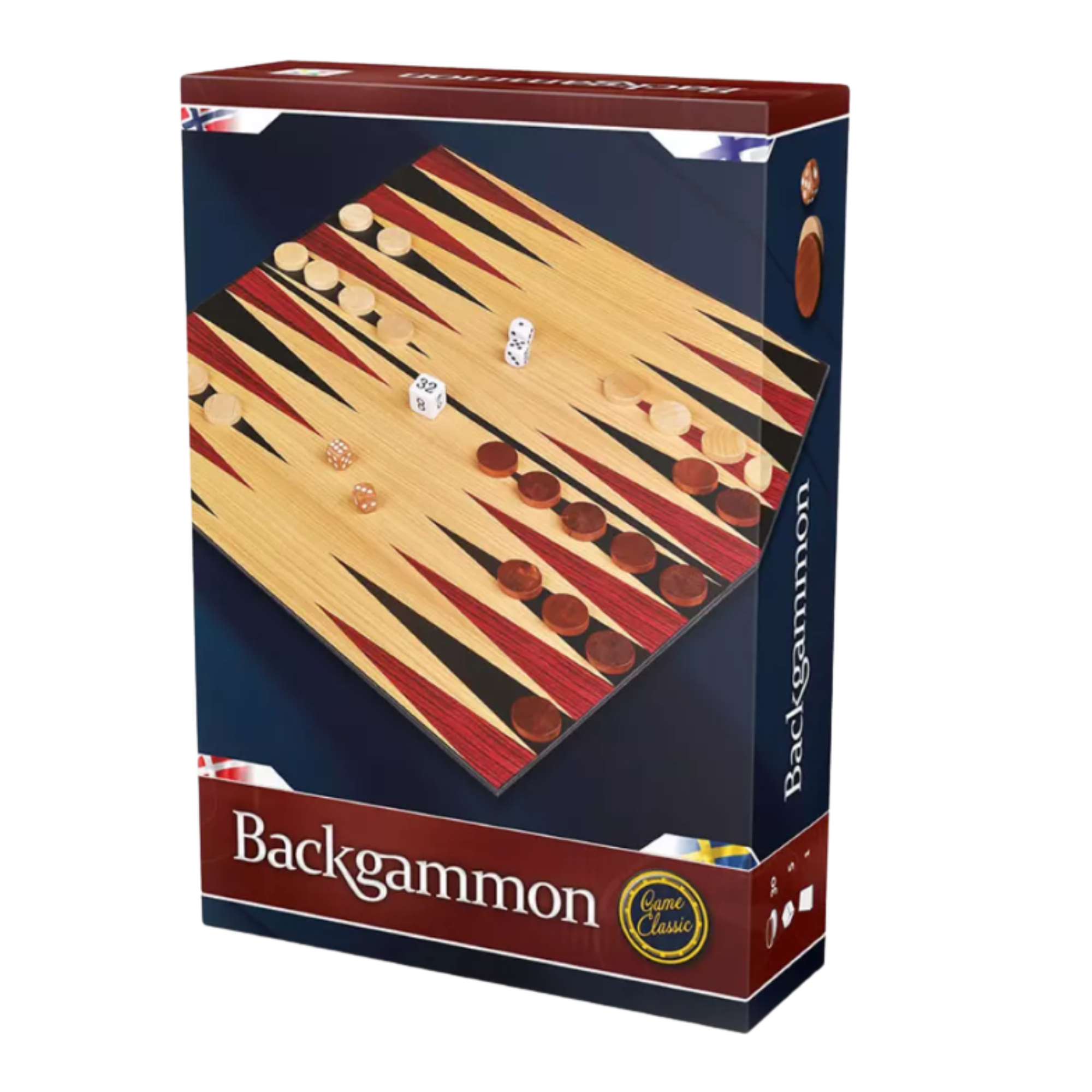 Backgammon brettspill eske med spillbrett, brikker og terninger på forsiden.