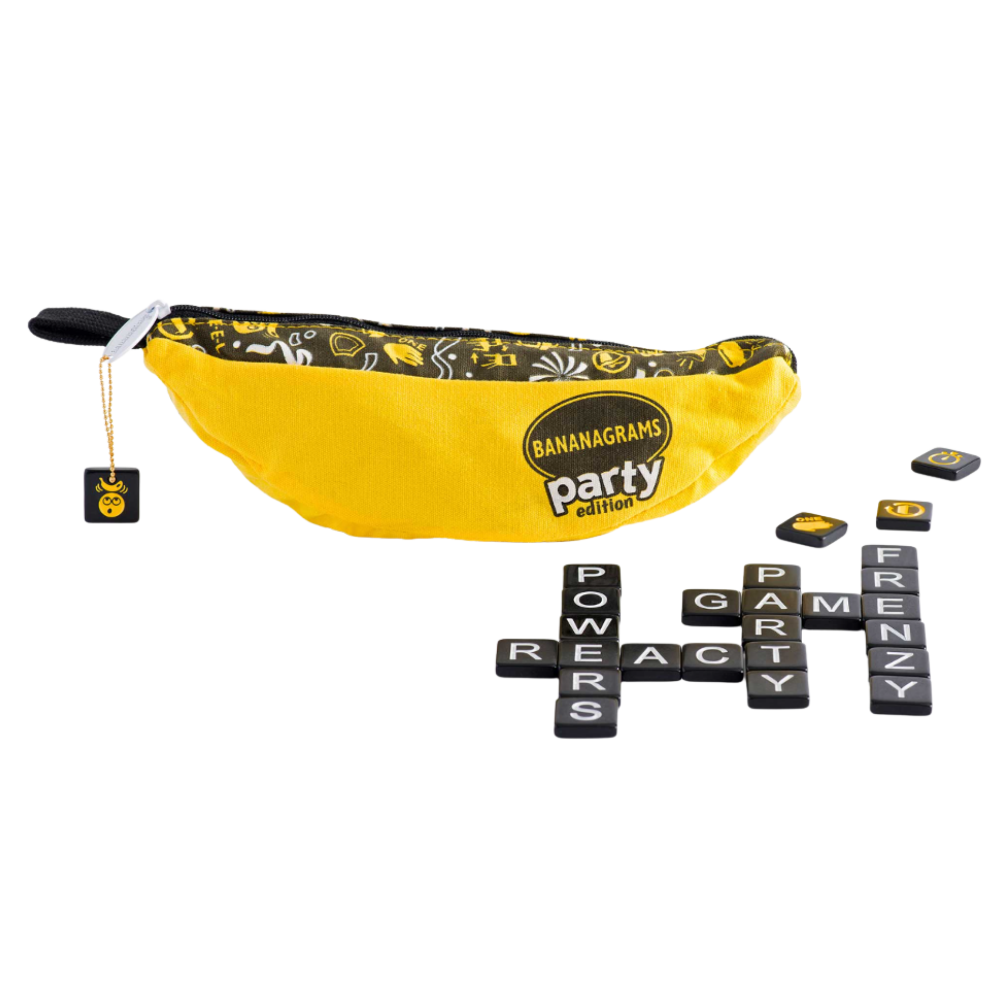 Bananagrams Party ordspill i gul bananformet pose med bokstavbrikker og spesialbrikker