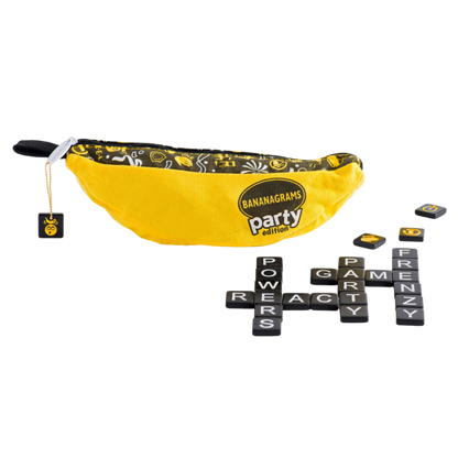 Bananagrams Party ordspill i gul bananformet pose med bokstavbrikker og spesialbrikker