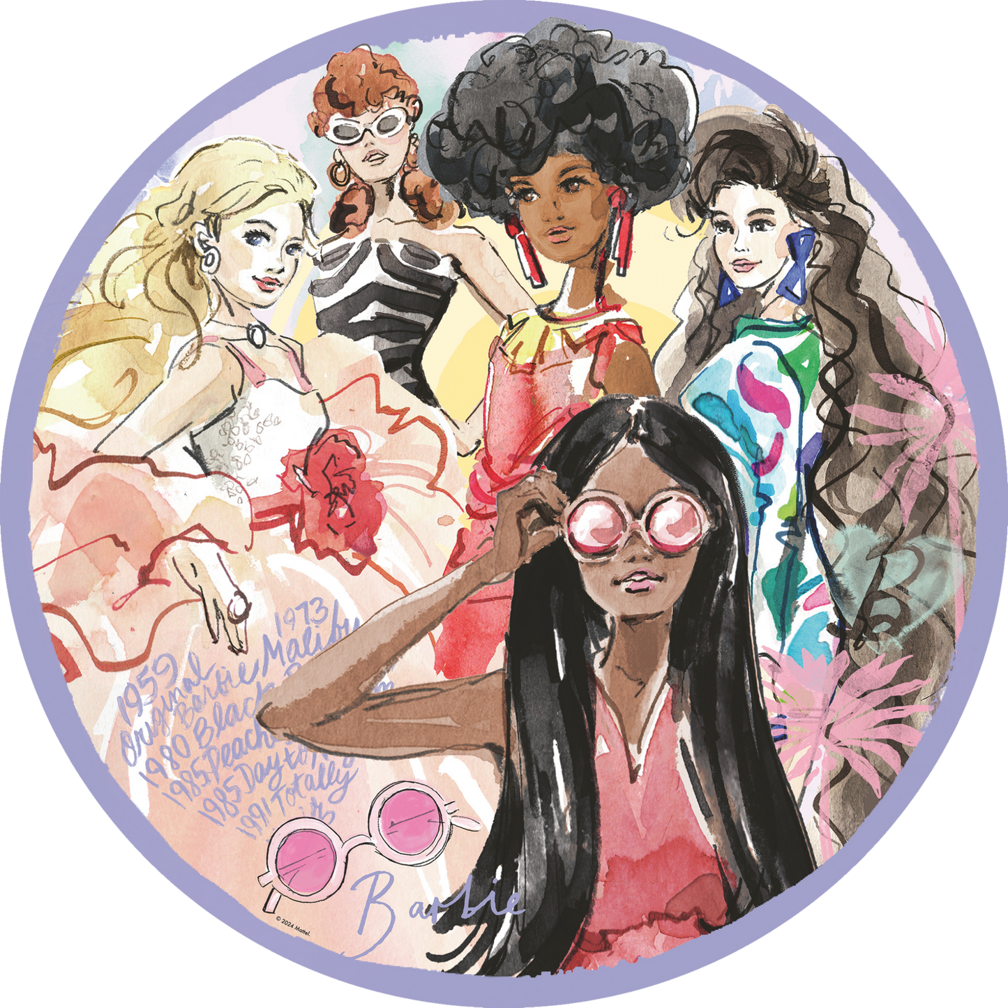 Sirkelformet Barbie illustrasjon med diverse Barbie-figurer i fargerike outfits
