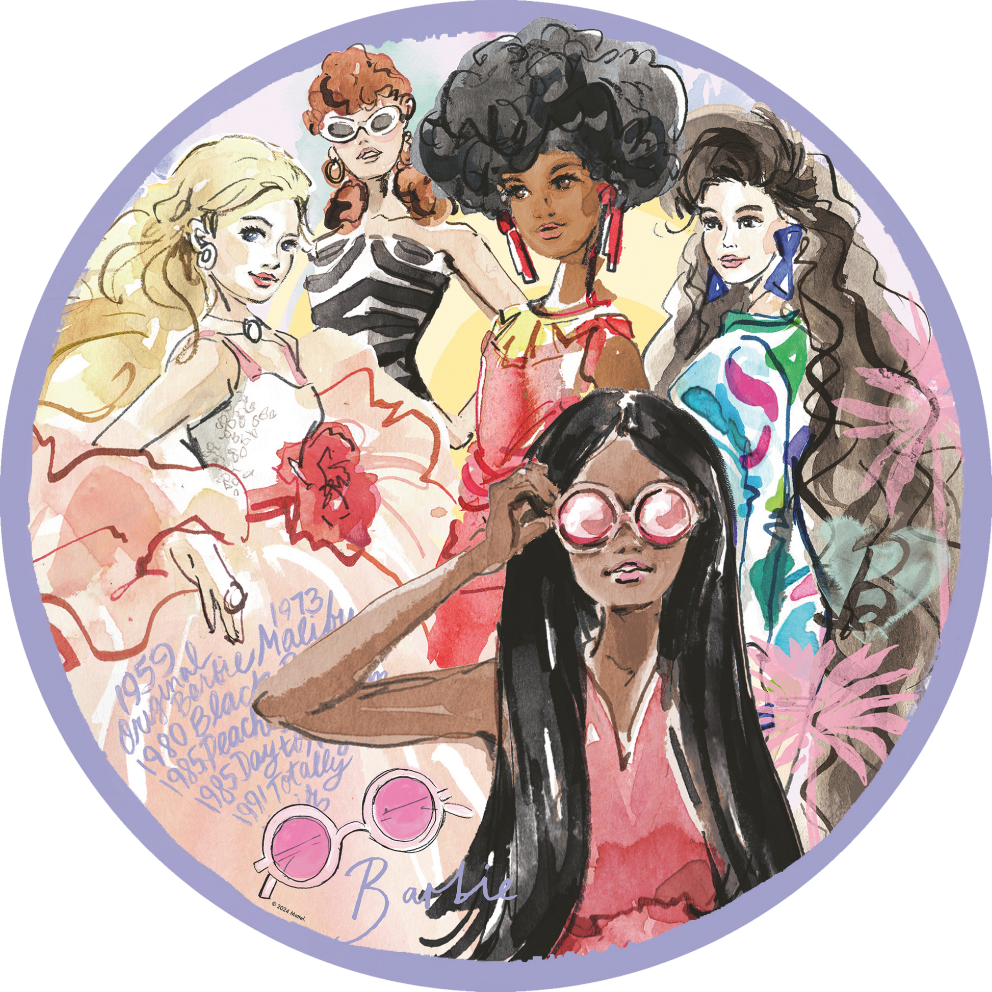 Sirkelformet Barbie illustrasjon med diverse Barbie-figurer i fargerike outfits