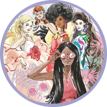 Sirkelformet Barbie illustrasjon med diverse Barbie-figurer i fargerike outfits