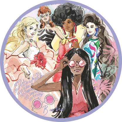 Sirkelformet Barbie illustrasjon med diverse Barbie-figurer i fargerike outfits