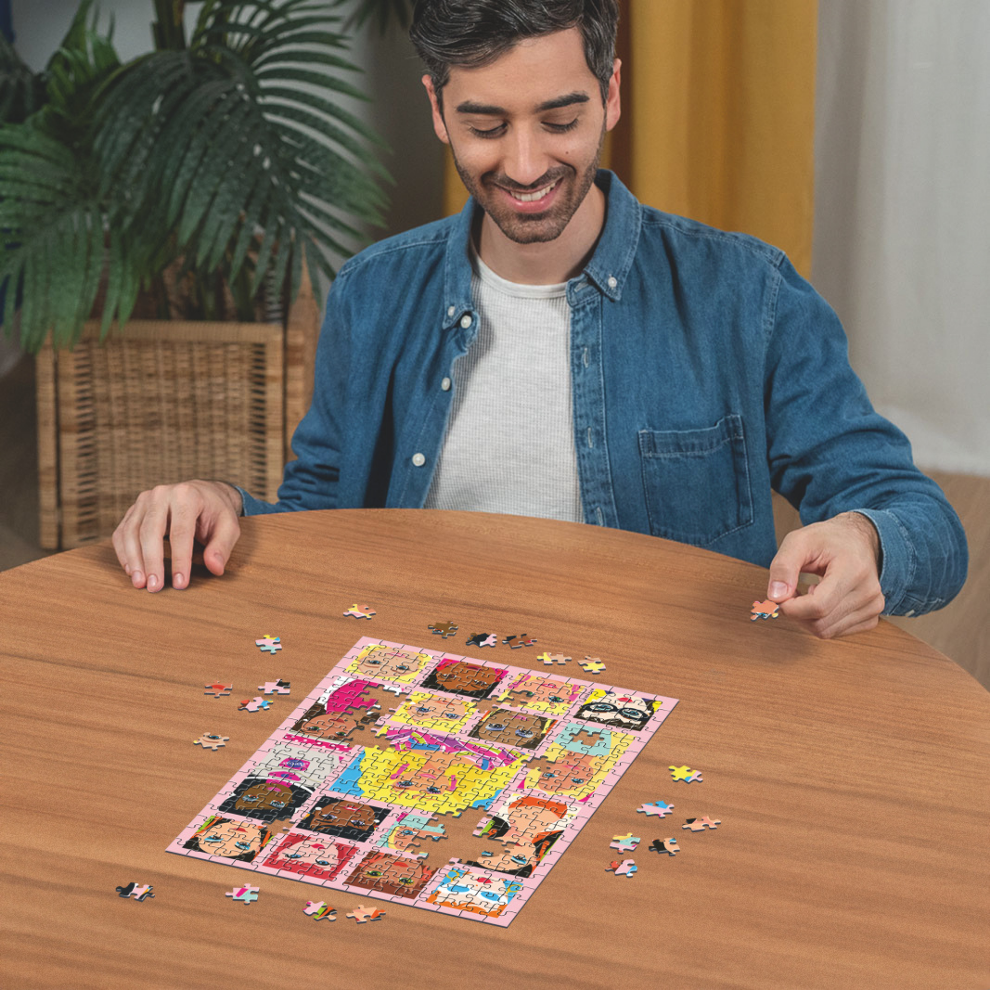 Person pusler Ravensburger puslespill ved trebord med puslespillbrikker spredt rundt