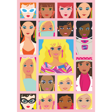 Barbie collage illustrasjon med diverse sterke kvinnefigurer i fargerike rammer