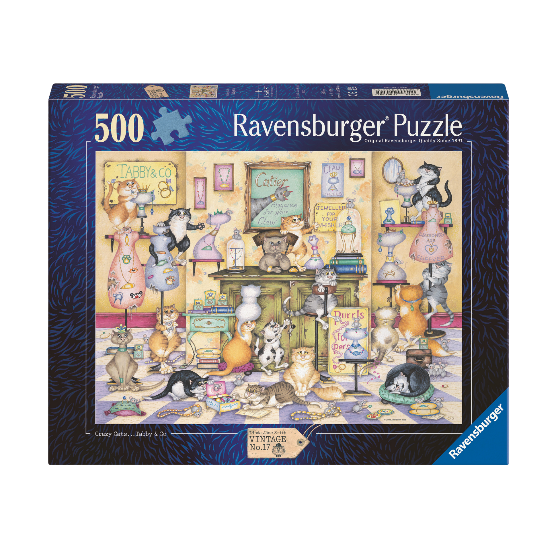 Crazy Cats Taby & Co 500 brikker Ravensburger puslespill eske med kaotisk kattescene