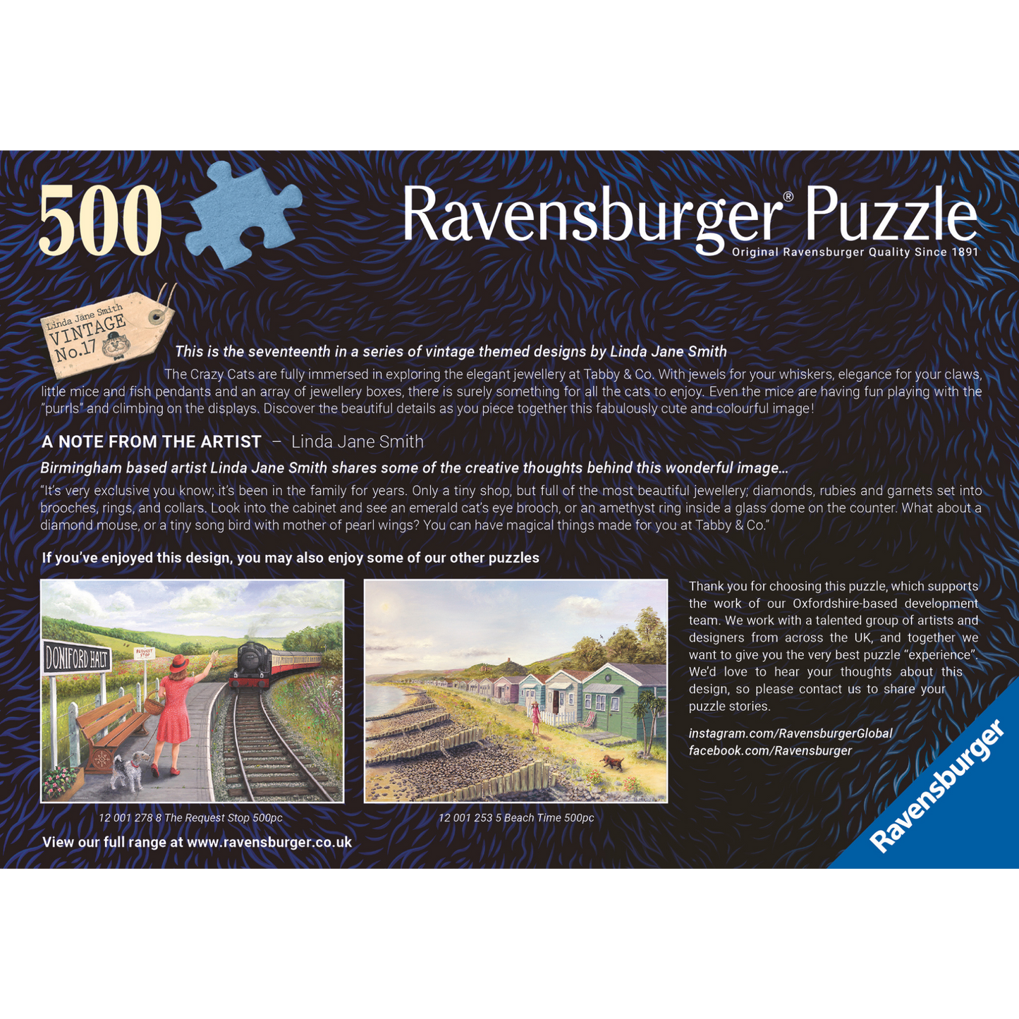 Crazy Cats Taby & Co 500 brikker Ravensburger puslespill eske med kaotisk kattescene