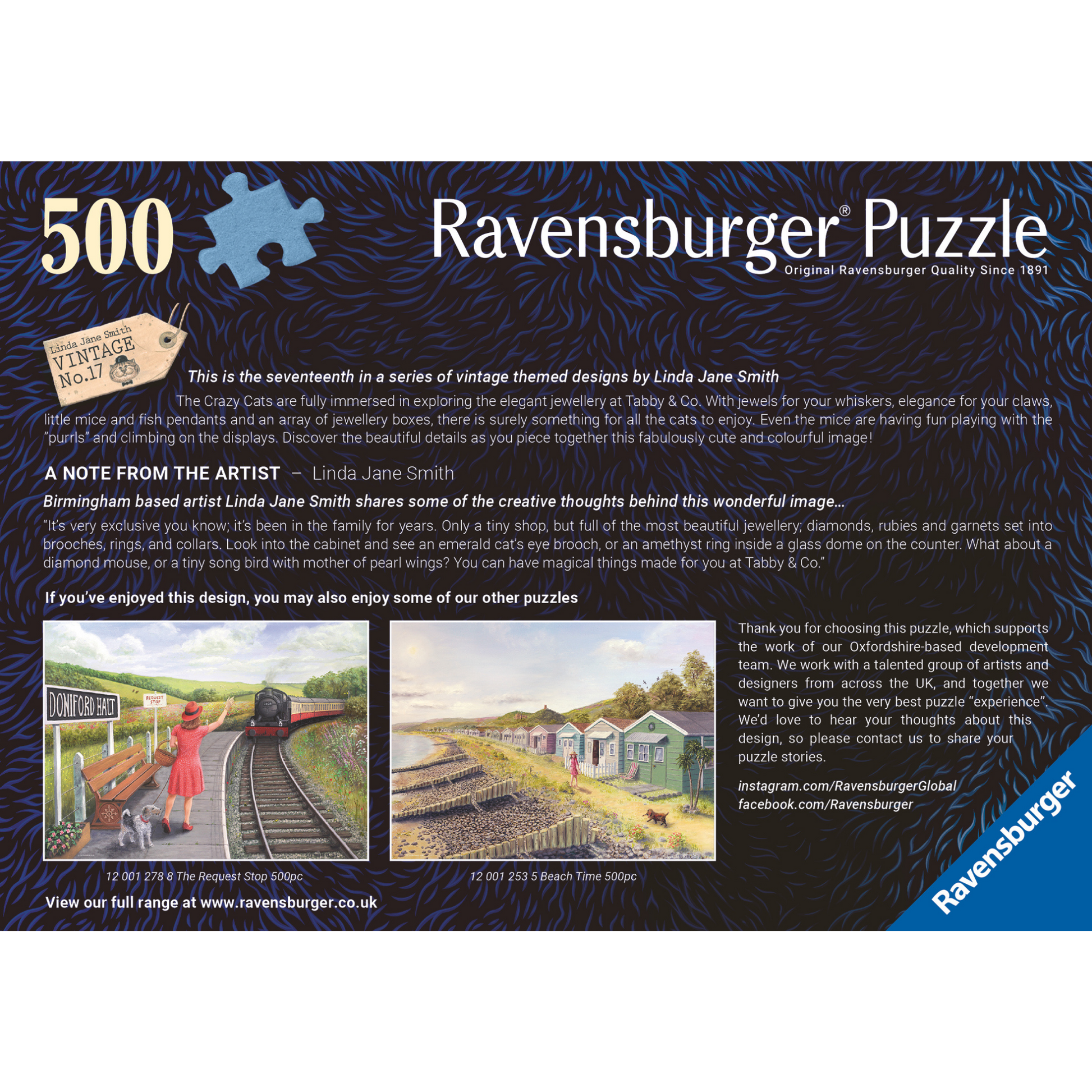 Crazy Cats Taby & Co 500 brikker Ravensburger puslespill eske med kaotisk kattescene