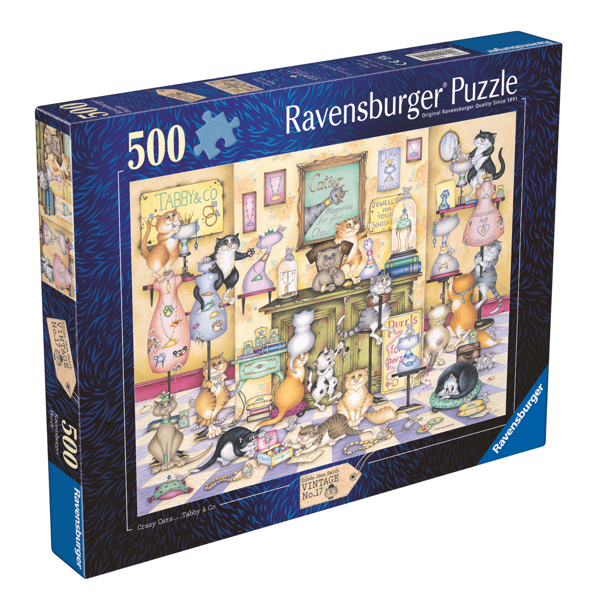 Crazy Cats Taby & Co 500 brikker Ravensburger puslespill eske med kaotisk kattescene