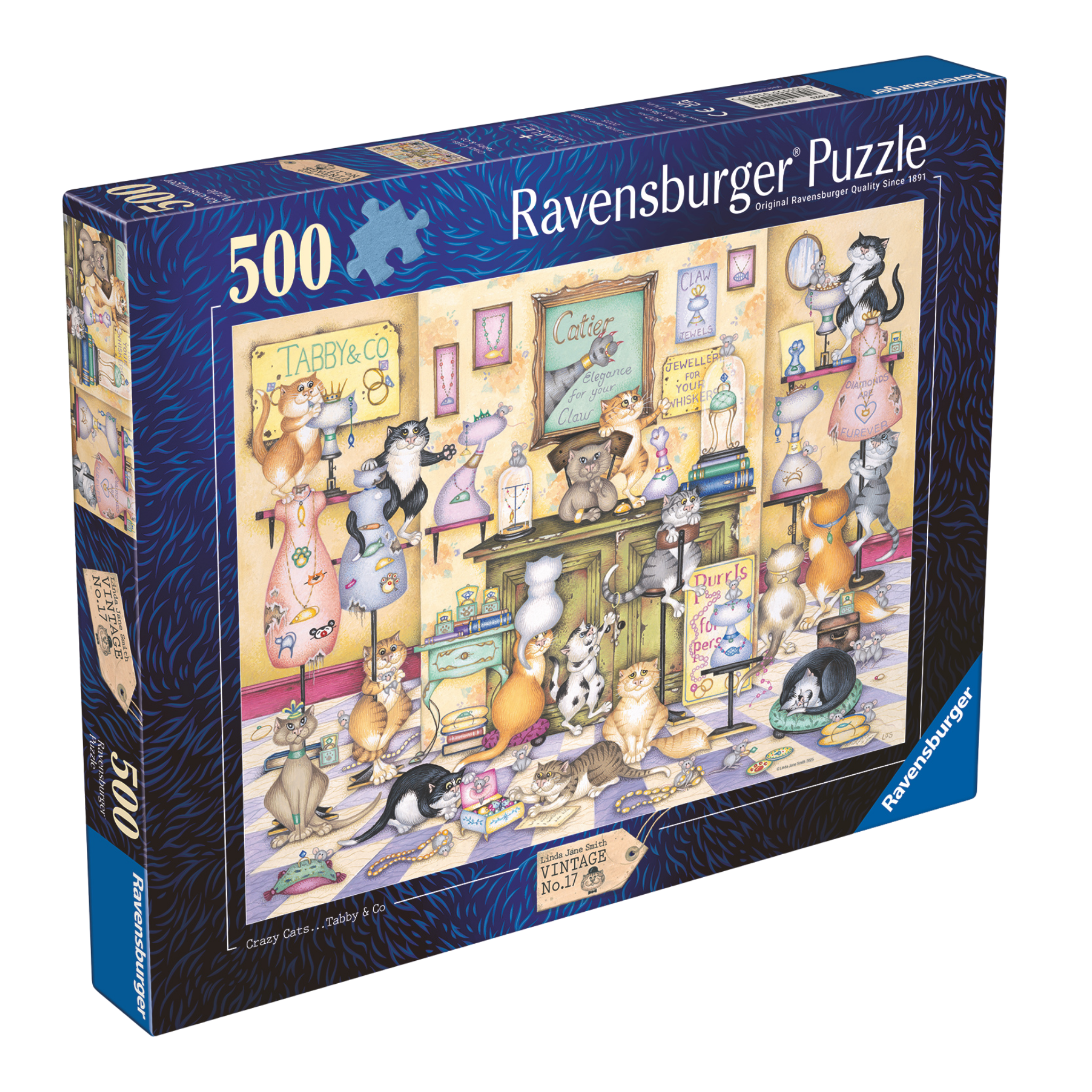 Crazy Cats Taby & Co 500 brikker Ravensburger puslespill eske med kaotisk kattescene
