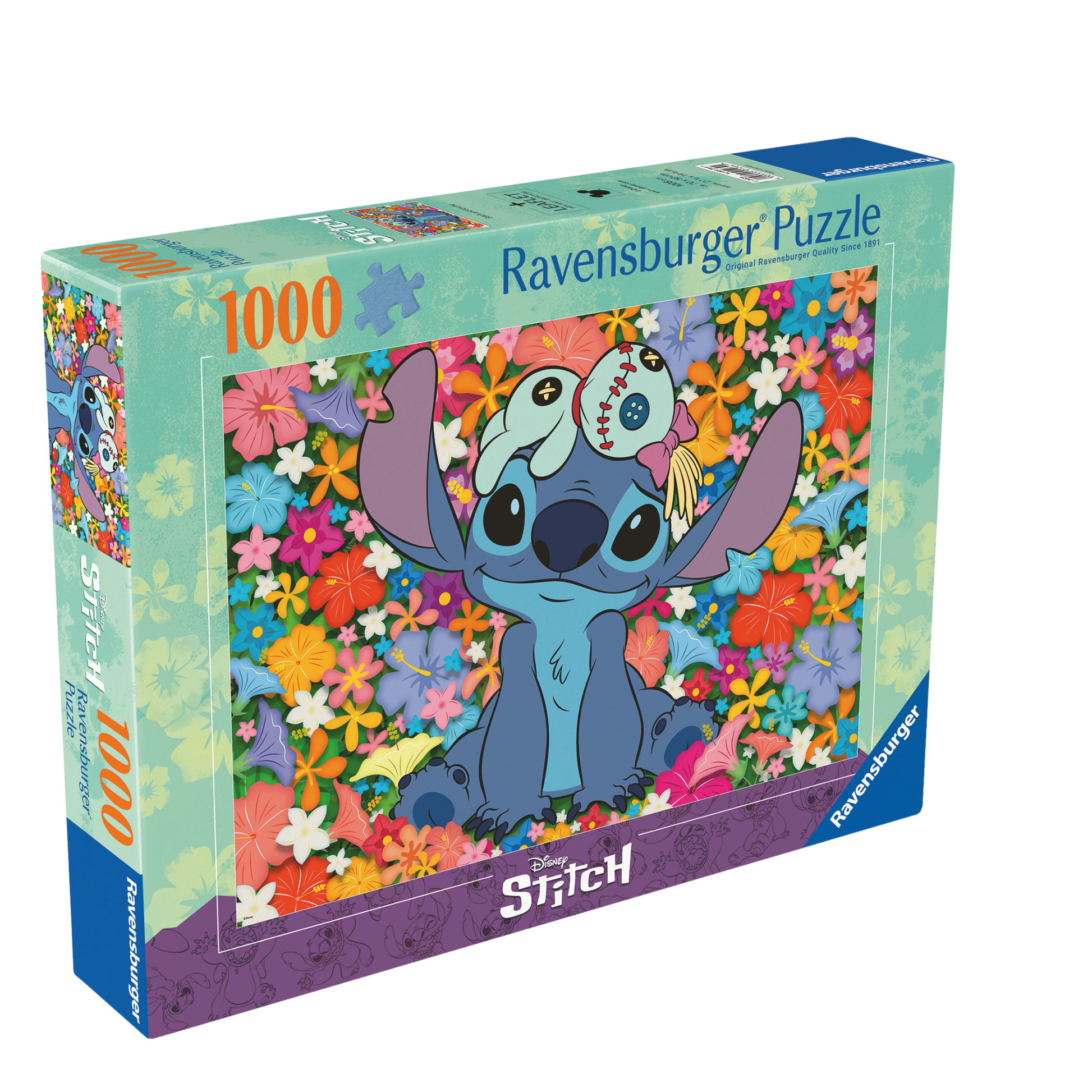 Disney Stitch 1000 brikker Ravensburger puslespill eske med Stitch og fargerike blomster motiv