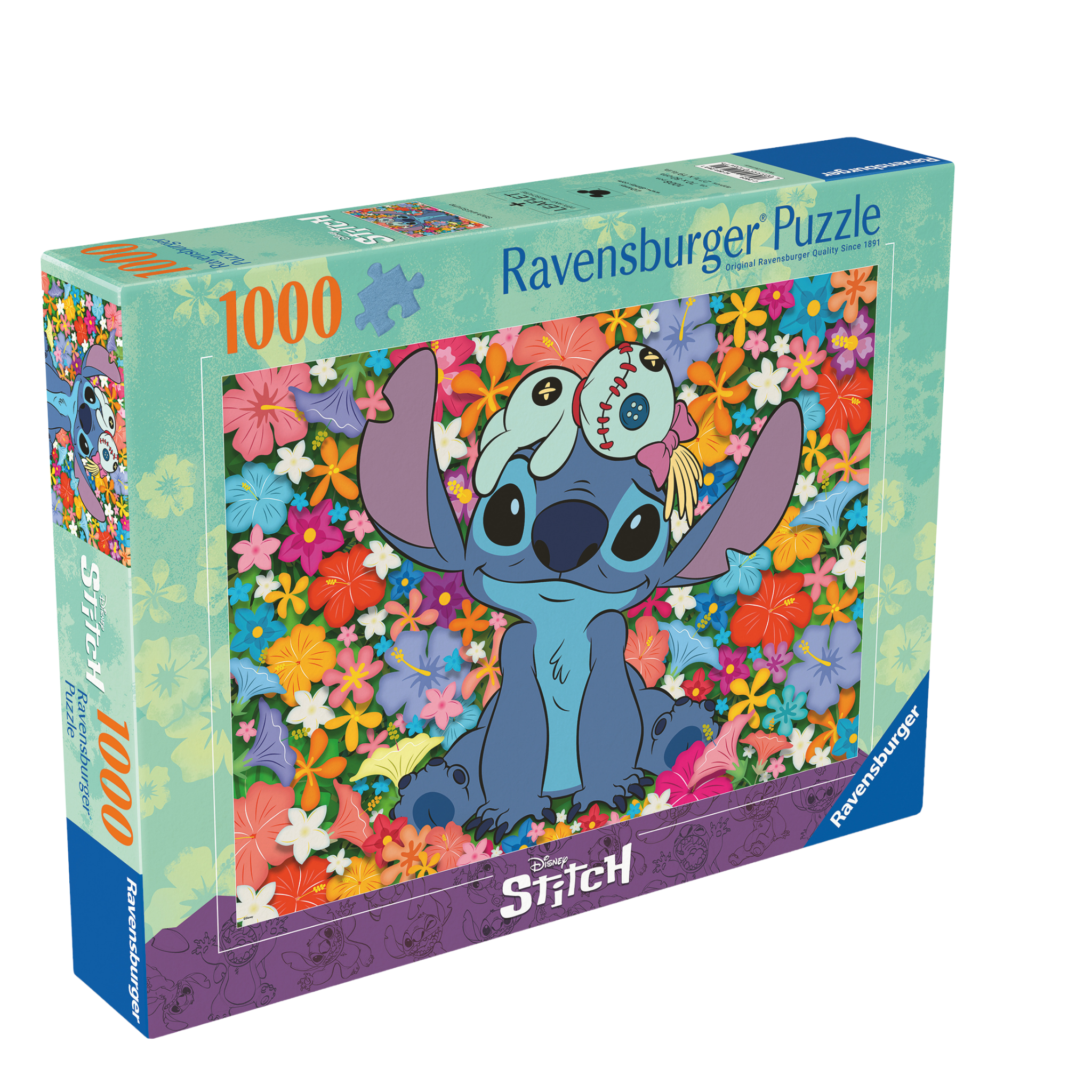 Disney Stitch 1000 brikker Ravensburger puslespill eske med Stitch og fargerike blomster motiv