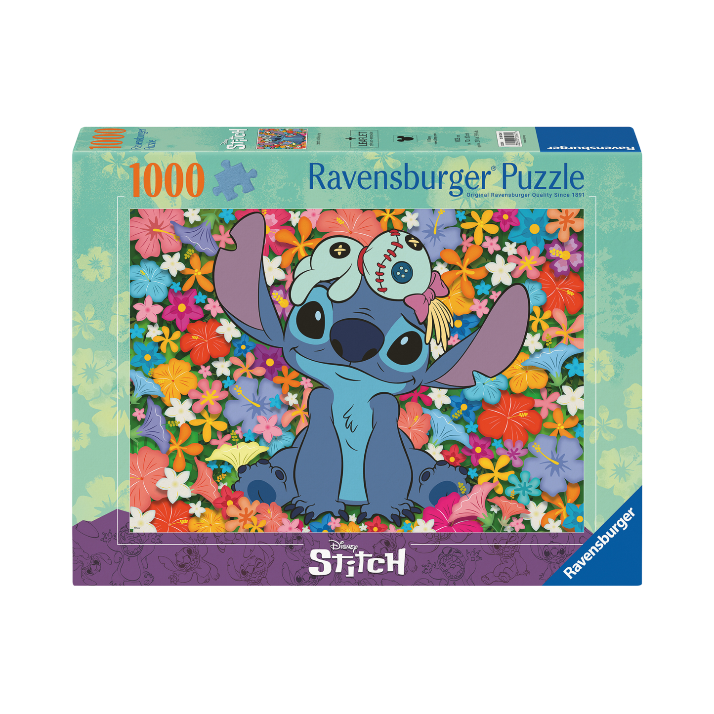 Disney Stitch 1000 brikker Ravensburger puslespill eske med Stitch og fargerike blomster motiv