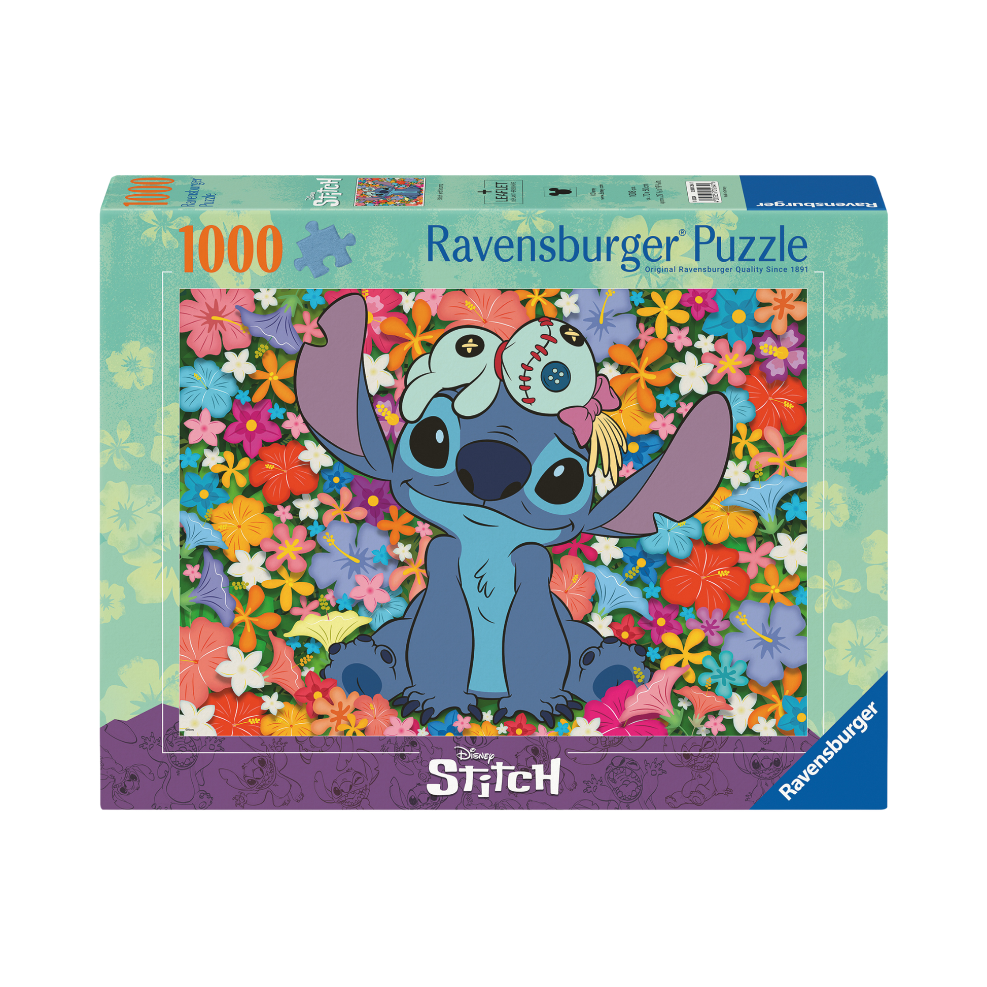 Disney Stitch 1000 brikker Ravensburger puslespill eske med Stitch og fargerike blomster motiv