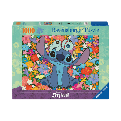 Disney Stitch 1000 brikker Ravensburger puslespill eske med Stitch og fargerike blomster motiv