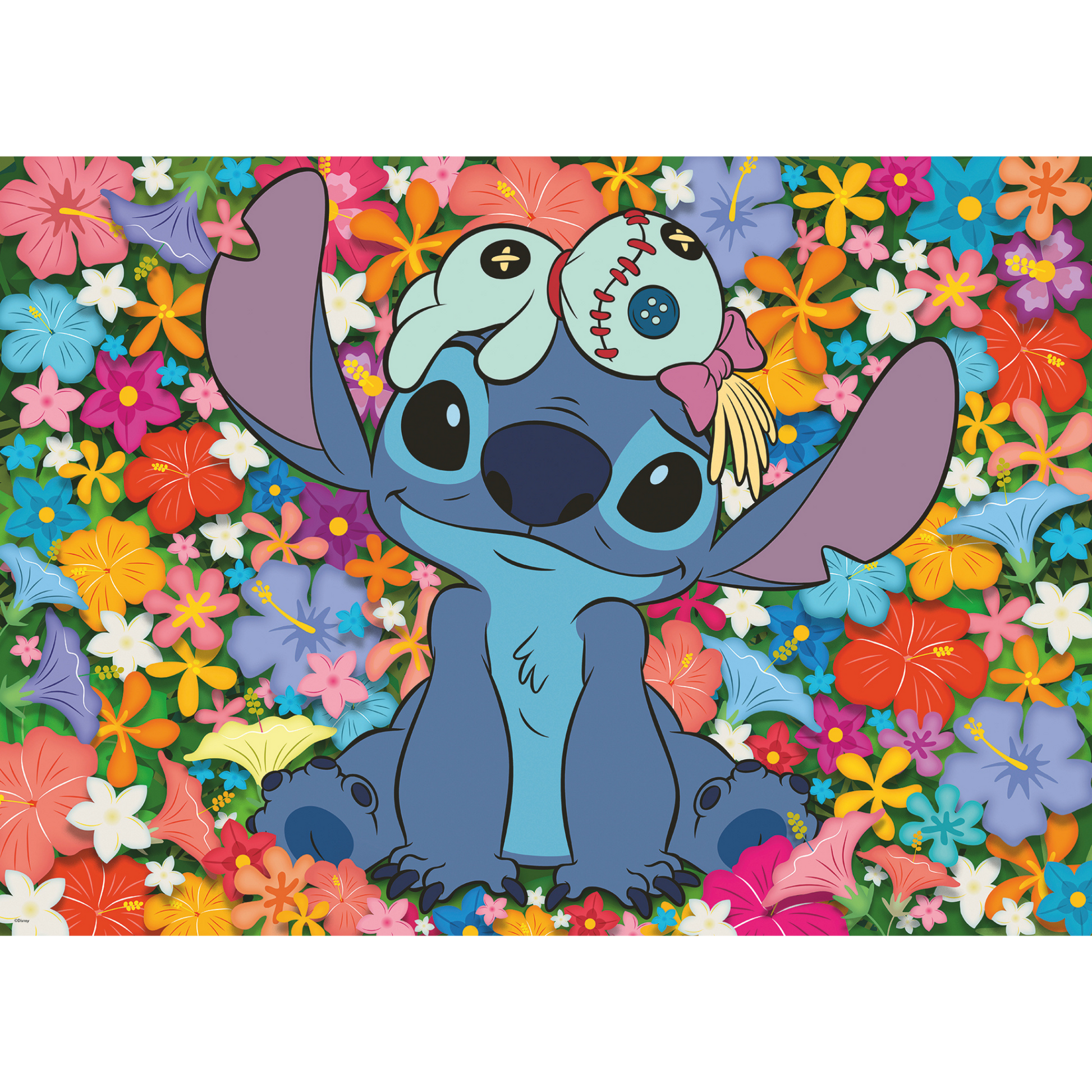 Stitch illustrasjon med blå alien omgitt av tropiske blomster i alle farger