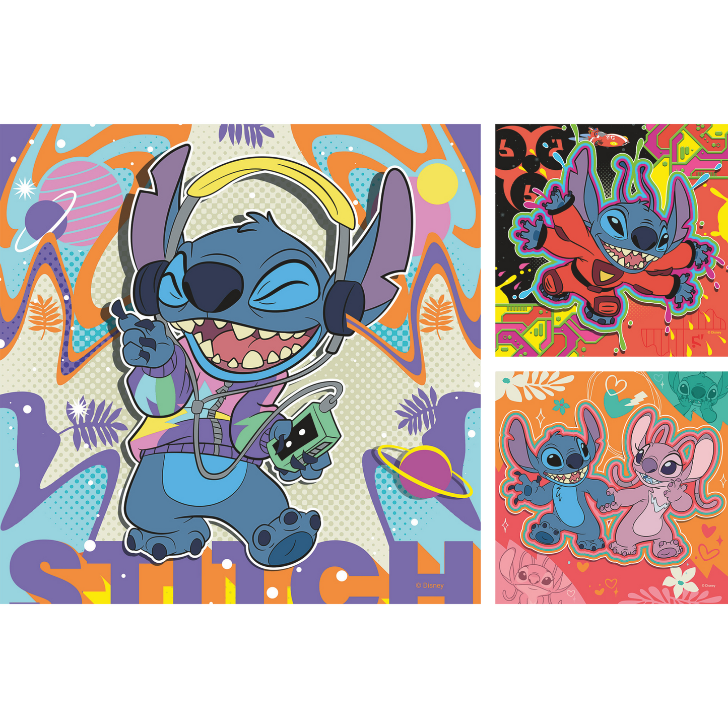 Tre Stitch illustrasjoner med blå aliens i fargerike scener og forskjellige positurer