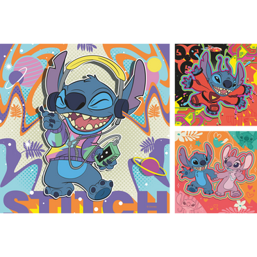 Tre Stitch illustrasjoner med blå aliens i fargerike scener og forskjellige positurer
