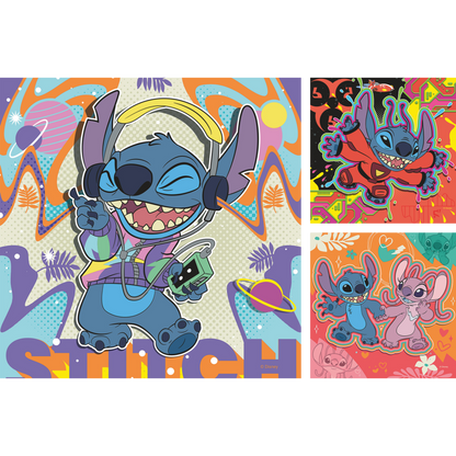 Tre Stitch illustrasjoner med blå aliens i fargerike scener og forskjellige positurer