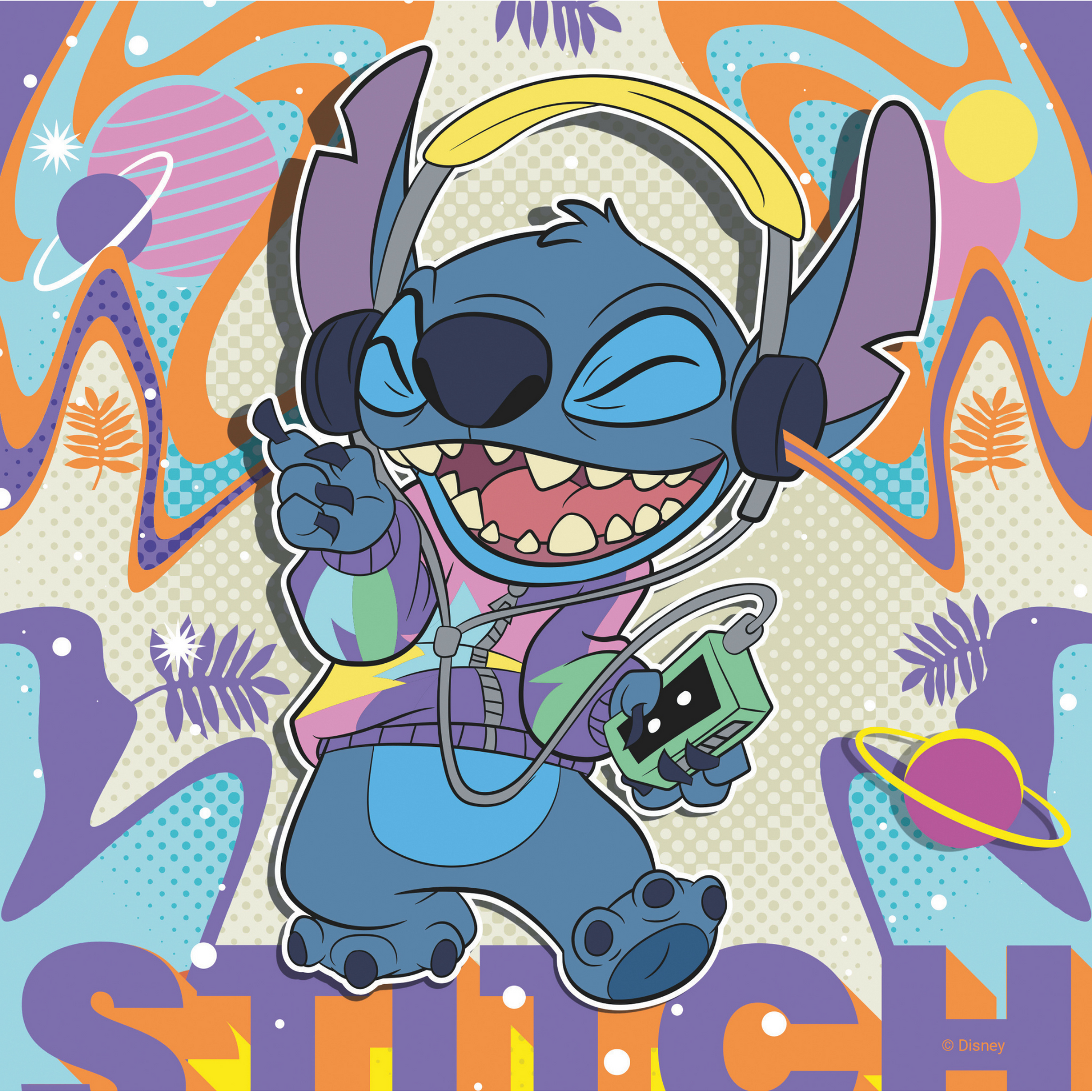 Stitch hører på musikk fra en walkman