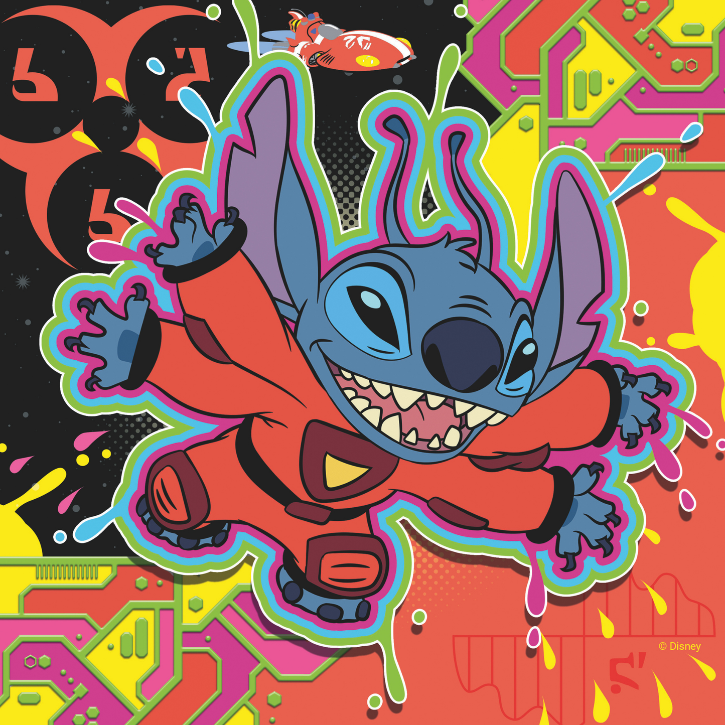 Stich i romdrakt med fargerik sci-fi-bakgrunn
