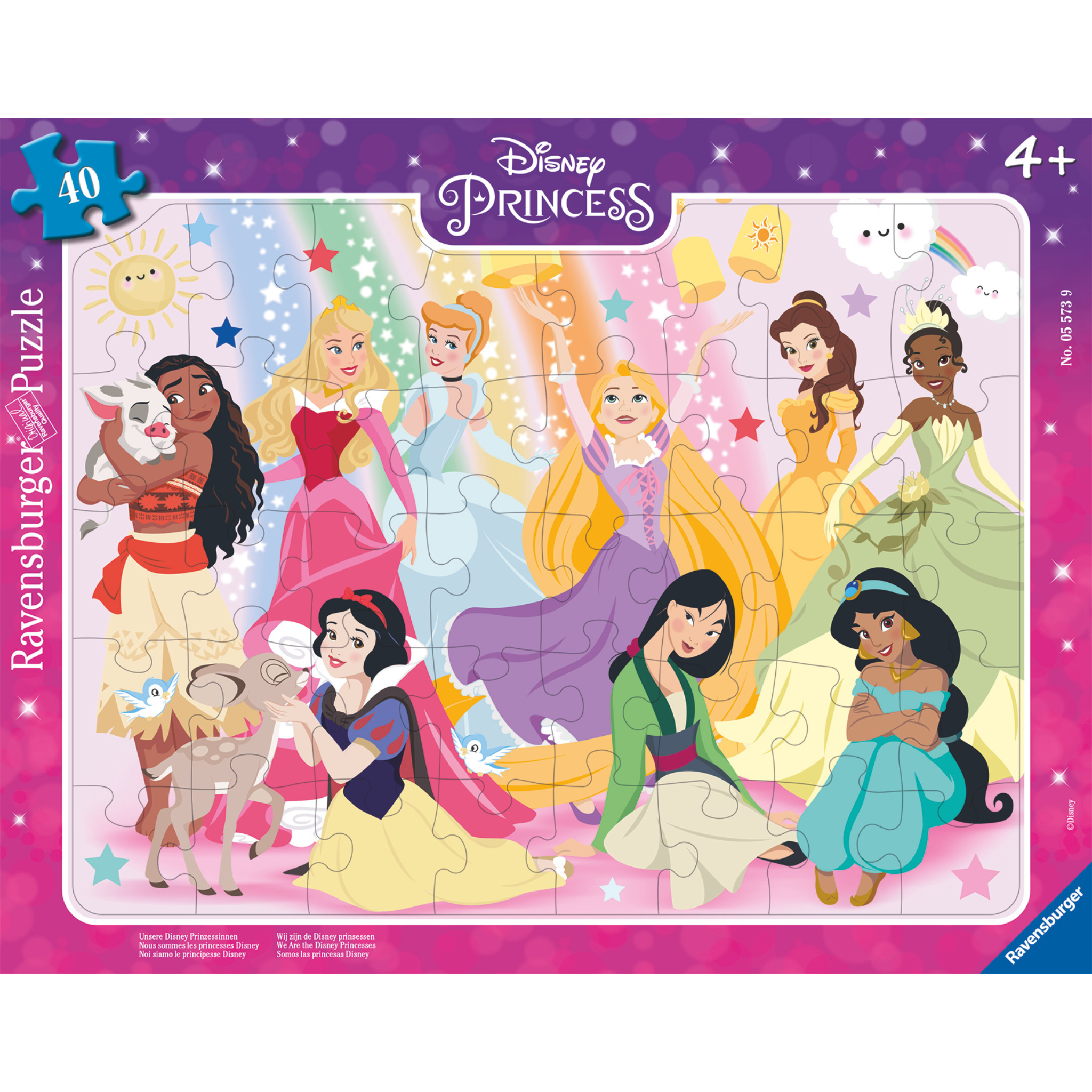 Disney prinsesser illustrasjon med Moana, Aurora, Askepott, Rapunzel, Belle, Snehvit, Mulan, Jasmin og Tiana