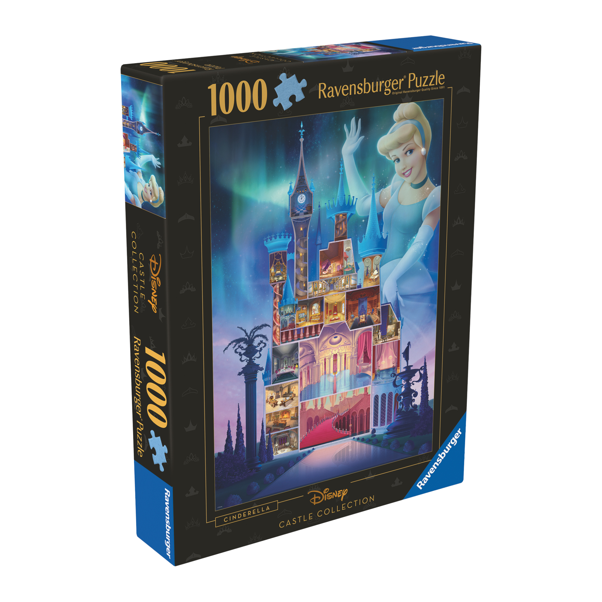 Disney Askepott puslespill eske - viser komplett 1000 brikkers puslespill med slott-tverrsnitt motiv