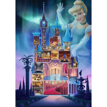 Disney Askepott slott puslespill motiv - detaljert tverrsnitt av slottet med mange rom, Askepott i blå ballkjole i forgrunnen, søyler og arkitektoniske detaljer i gylne, blå og lilla toner