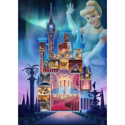 Disney Askepott slott puslespill motiv - detaljert tverrsnitt av slottet med mange rom, Askepott i blå ballkjole i forgrunnen, søyler og arkitektoniske detaljer i gylne, blå og lilla toner