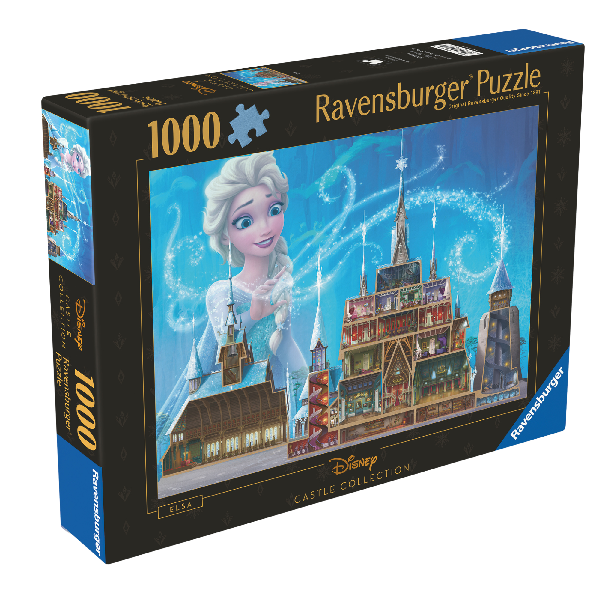 Disney Elsa Slott puslespill eske - viser komplett 1000 brikkers puslespill med Frost isslott motiv