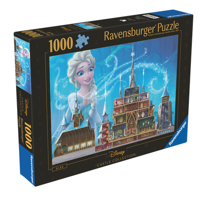 Disney Elsa Slott puslespill eske - viser komplett 1000 brikkers puslespill med Frost isslott motiv