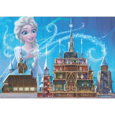 Disney Elsa isslott puslespill motiv - detaljert bilde av det ferdige 1000 brikkers puslespillet med iskrystaller og blå toner